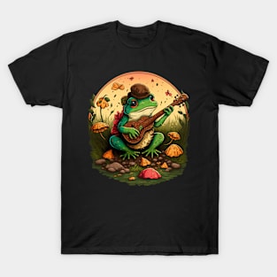 Cottagecore aesthetic cute frog playing ukelele on Mushroom T-Shirt